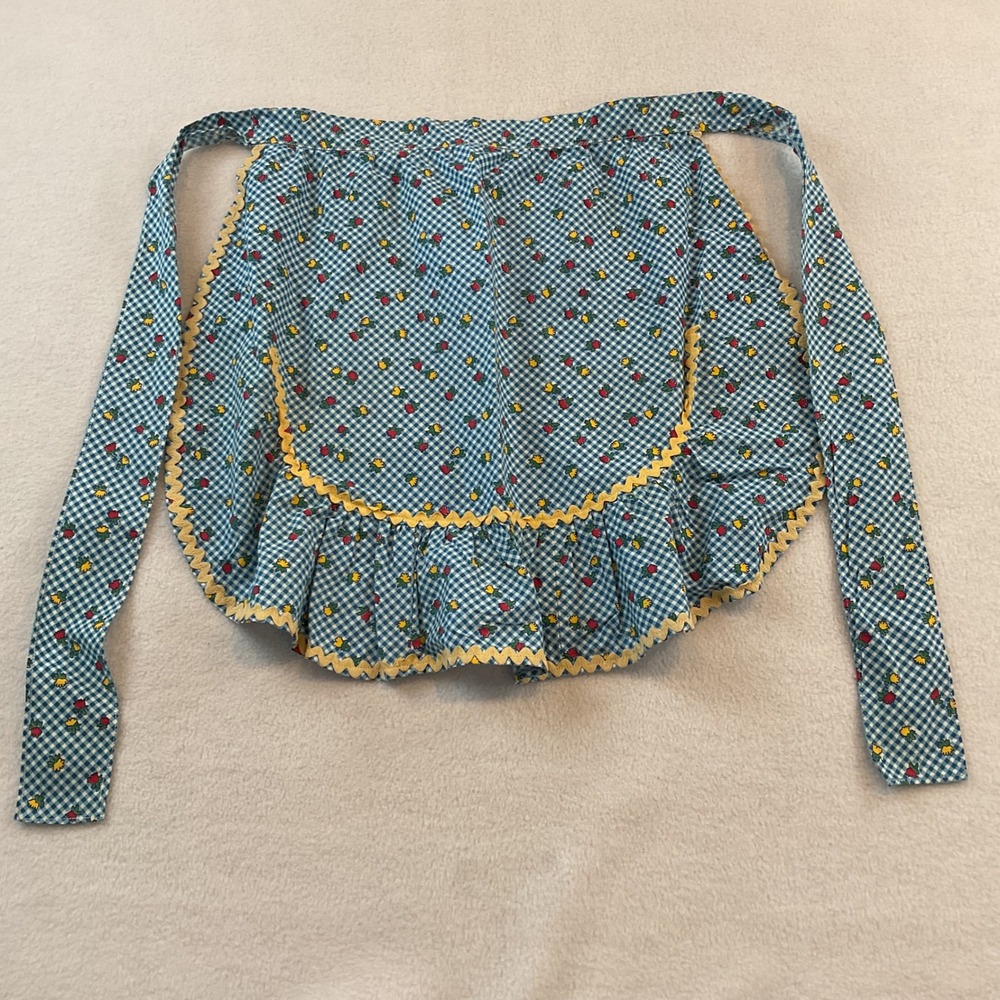 Vintage Handmade Blue Gingham Floral Half Apron Rick Rack Trim Ruffle Pocket